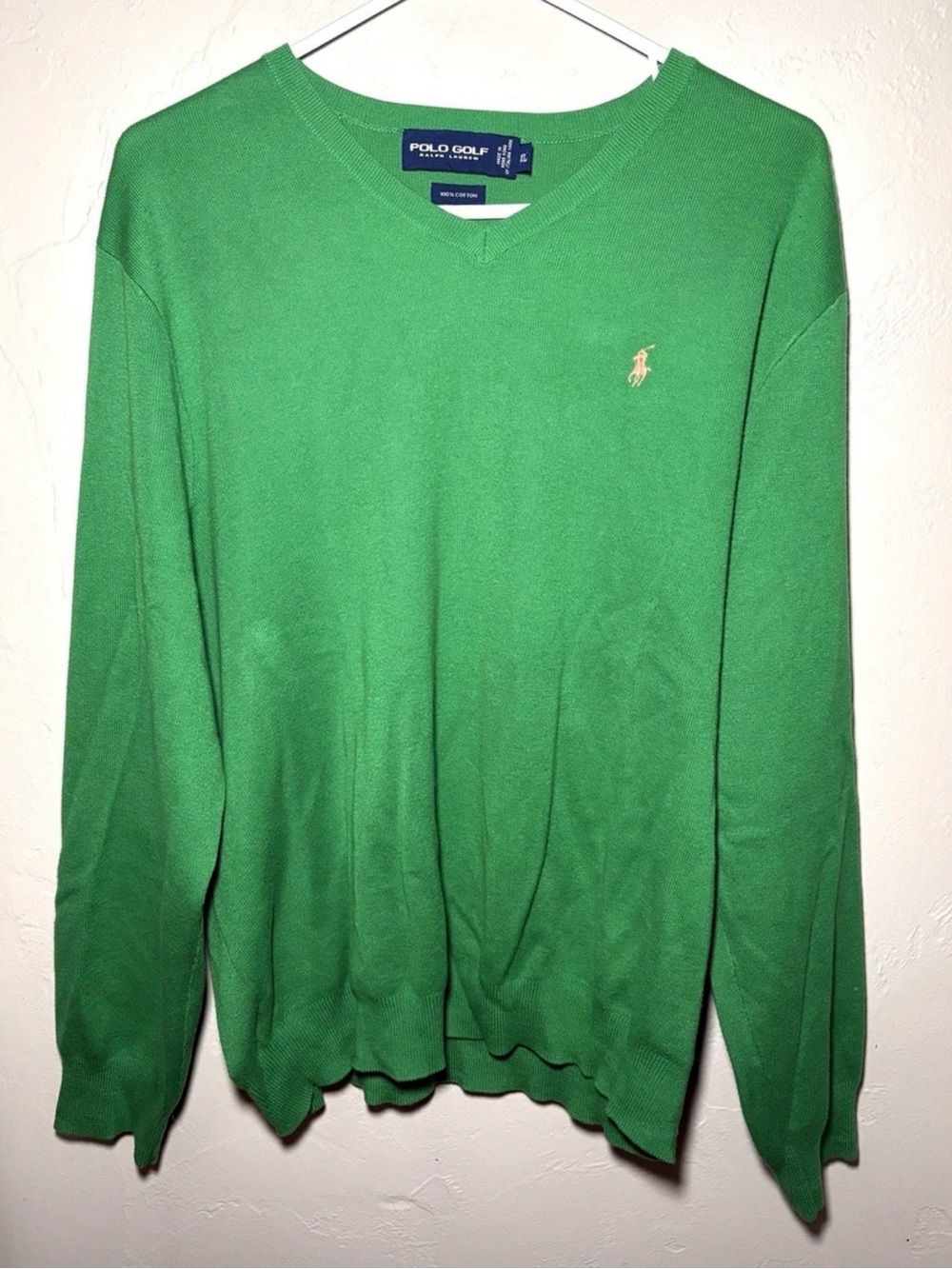 Vintage 90s Polo Golf Ralph Lauren V-Neck Sweater XL Green Italian Yarn Cotton